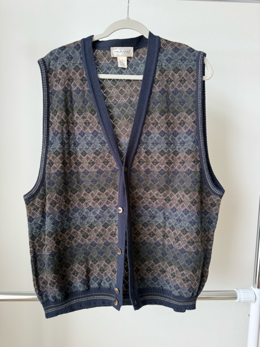 Murano Men's Navy and Brown Patterned Button-Front Knit Vest